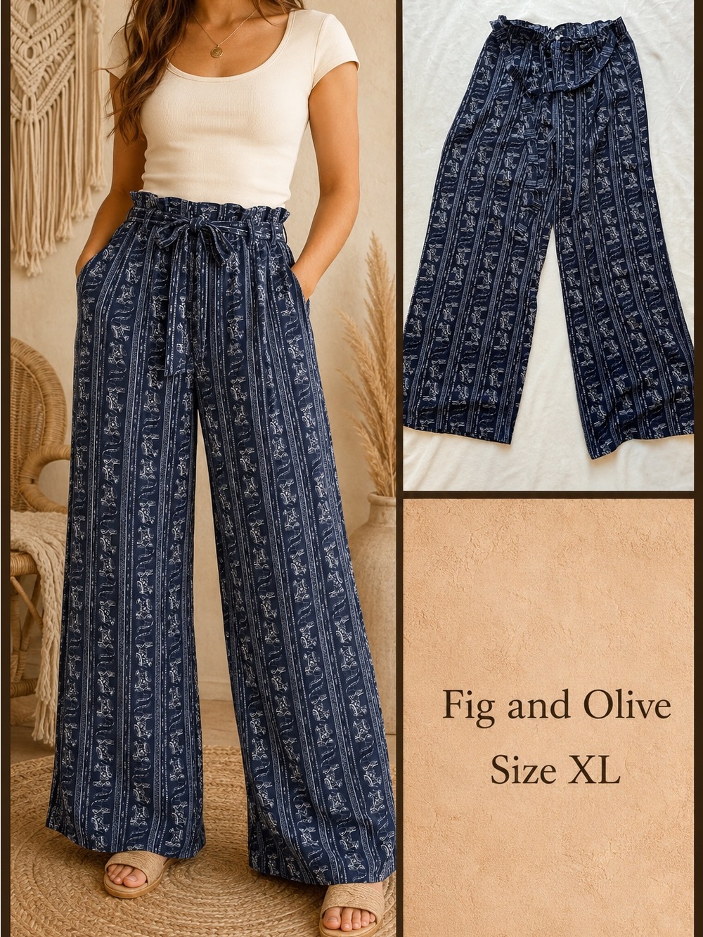 Fig and Olive blue and white striped pants with repeating small white floral mot